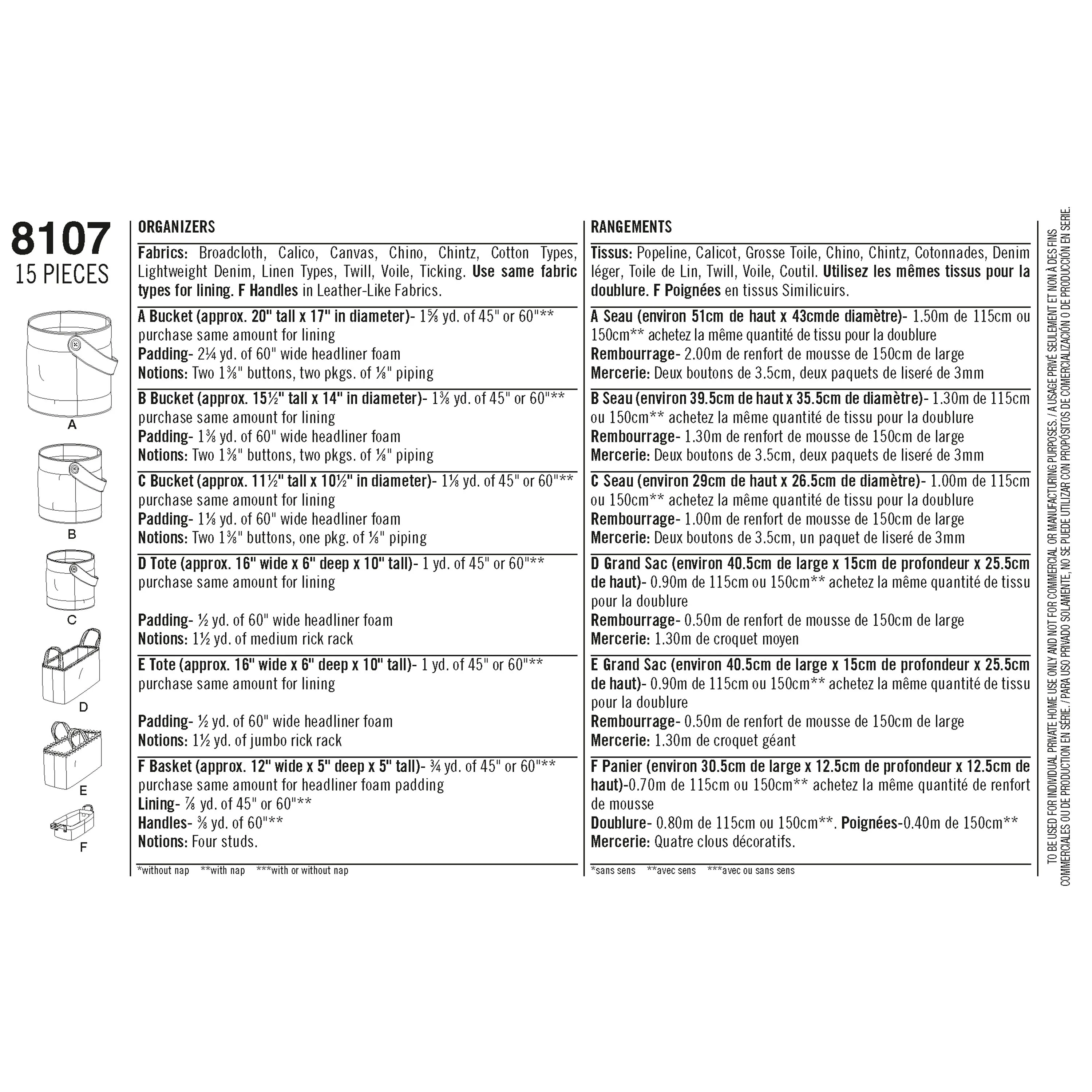 Simplicity Pattern 8107 OS Bucket, Basket & Tote Organizers