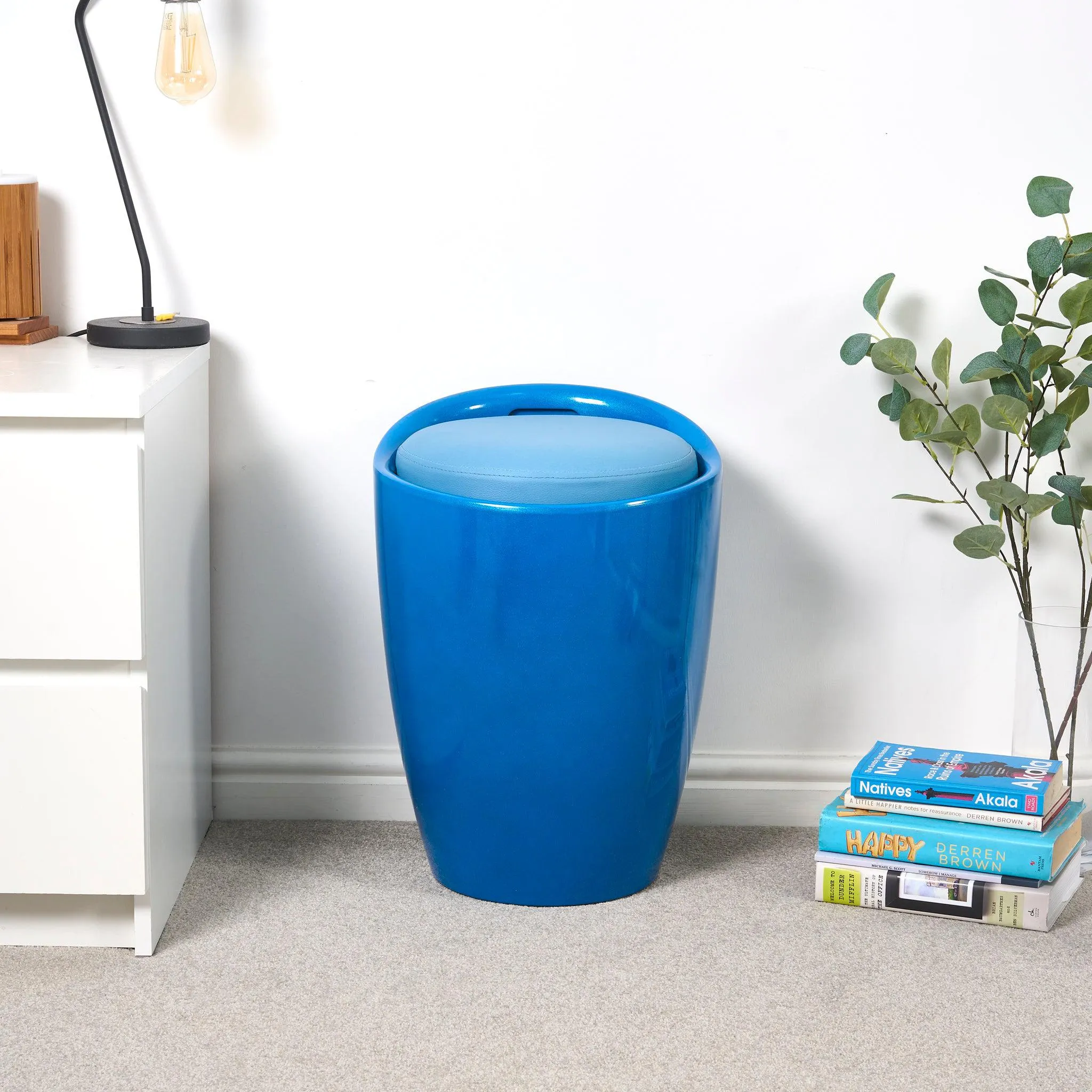 Storage Ottoman Stool With Faux Leather Seat - Blue