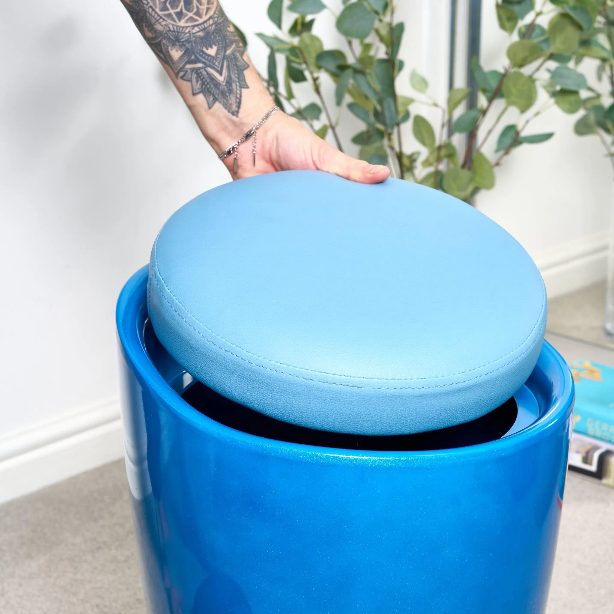 Storage Ottoman Stool With Faux Leather Seat - Blue