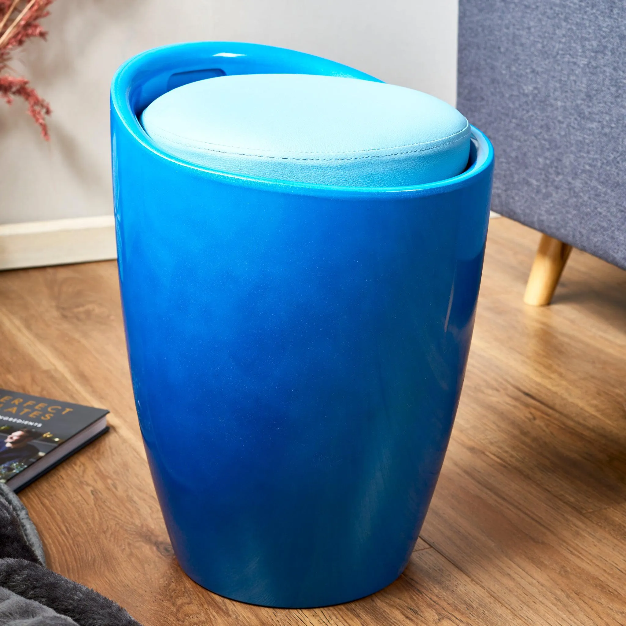 Storage Ottoman Stool With Faux Leather Seat - Blue