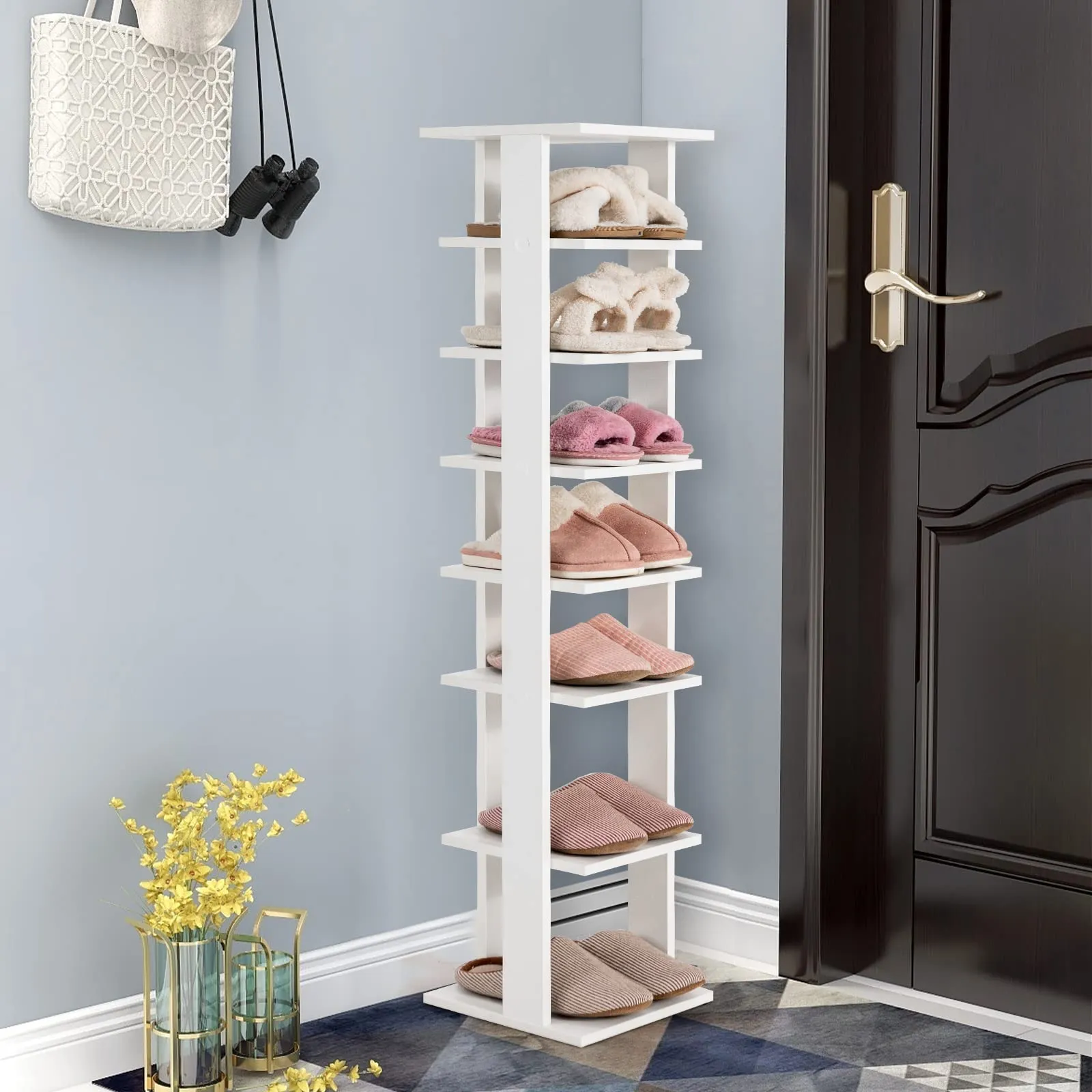 Tangkula 7 Tier Vertical Shoe Rack, Wooden Entryway Narrow Shoe Storage Stand