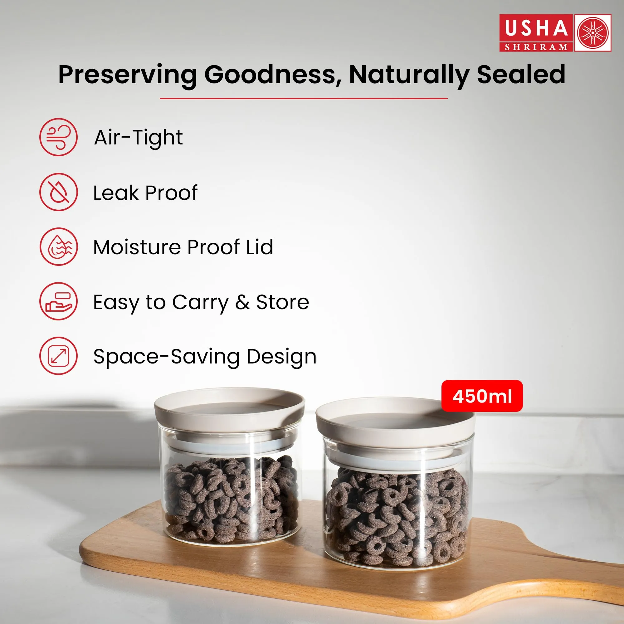 USHA SHRIRAM Food Storage Conatiner with Airtight Lid | Borosilicate Glass Container For Kitchen Storage Set| Glass Container With Lid For Fridge Storage| Borosilicate Bowl (4 Pcs - 450ml each)