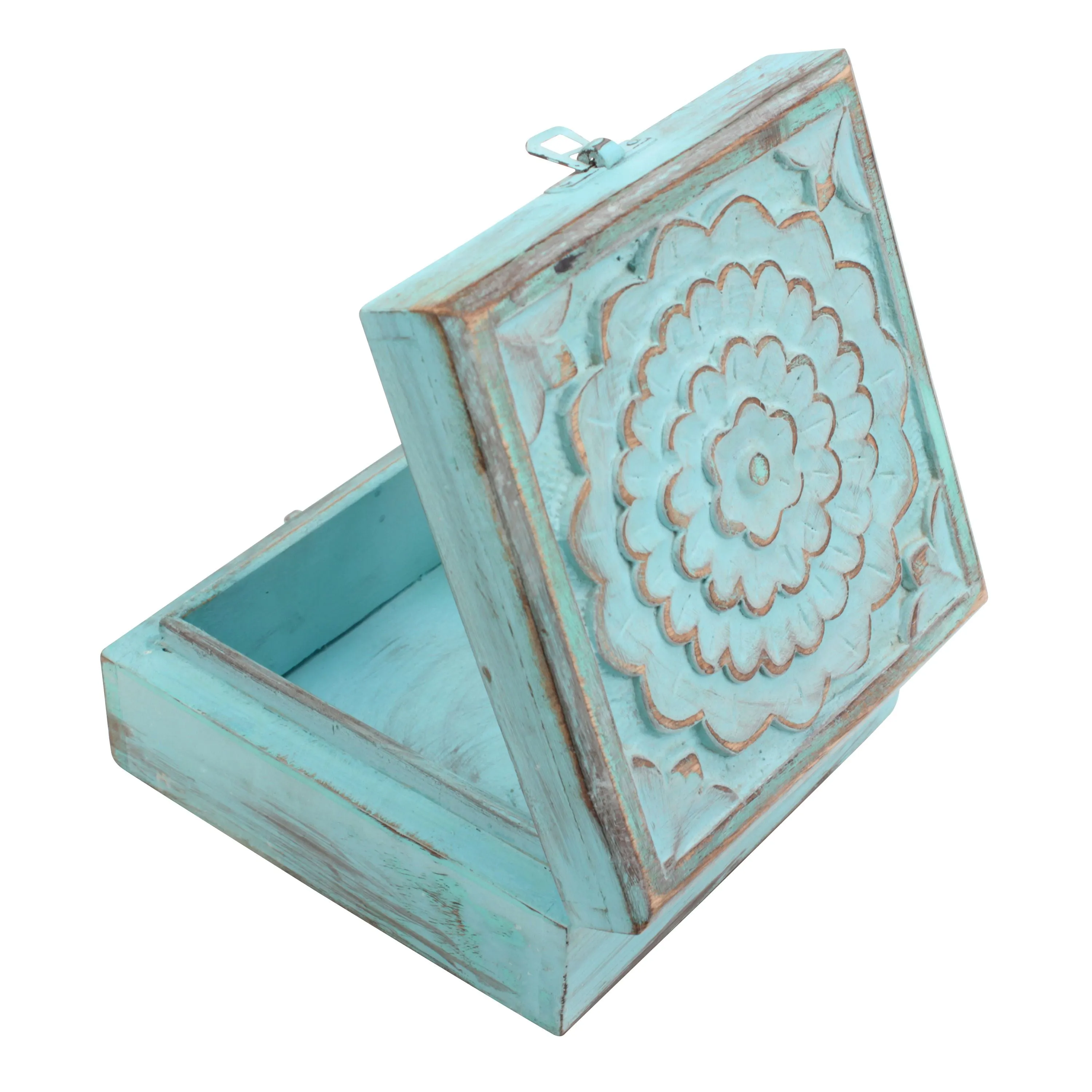 Weathered Sky Blue Wood Box with Hinges and Carved Floral Design (WS)