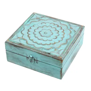 Weathered Sky Blue Wood Box with Hinges and Carved Floral Design (WS)