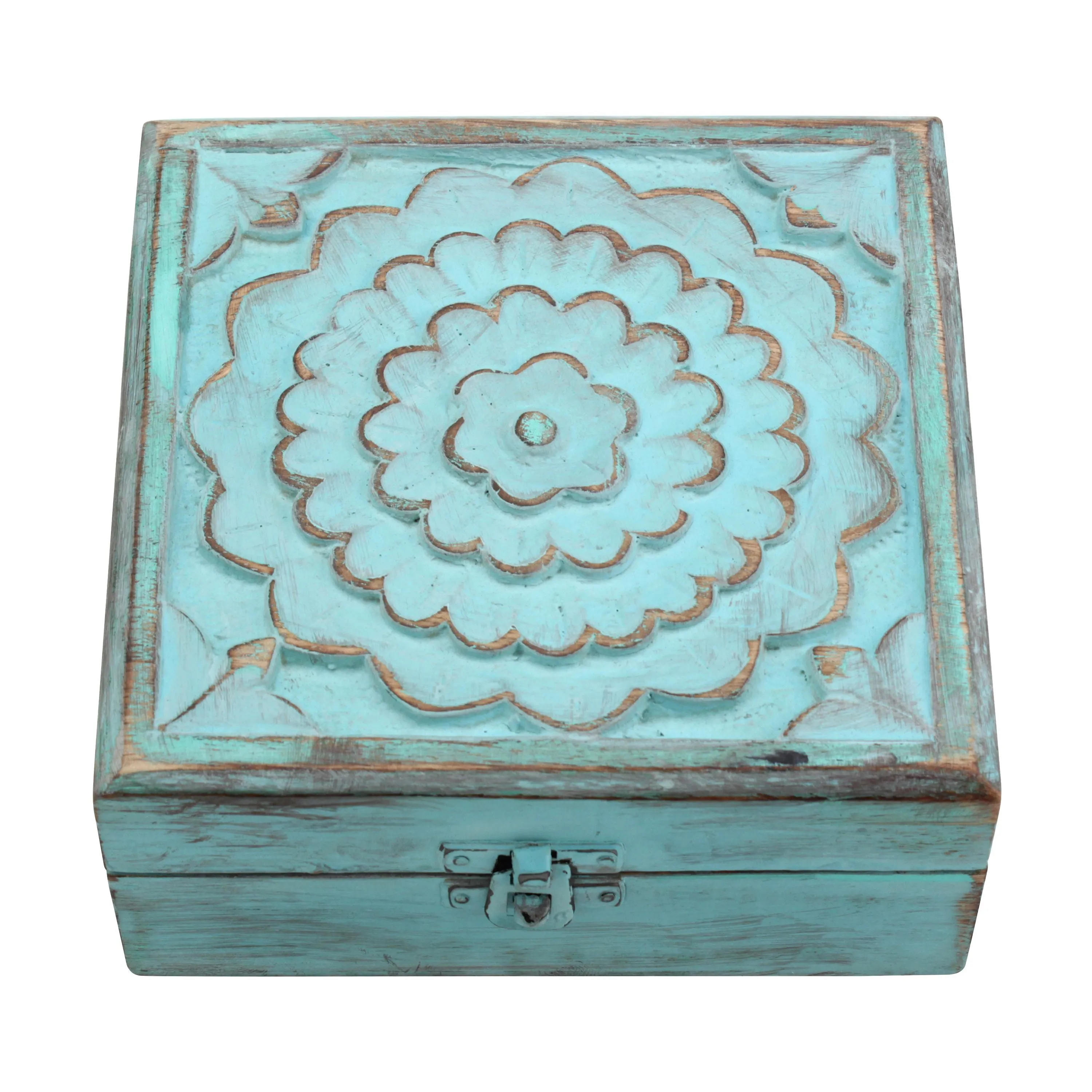 Weathered Sky Blue Wood Box with Hinges and Carved Floral Design (WS)